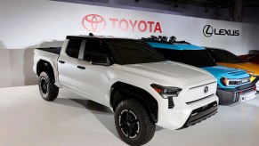The electric Toyota truck concept is on display. It could be a preview of the Tacoma EV.