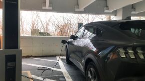 A Volta electric vehicle (EV) charging station in a parking garage in Boston, Massachusetts