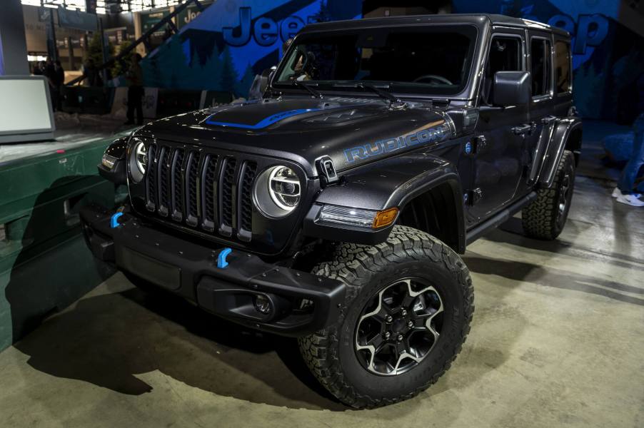 The new Jeep Wrangler with the 4xe engine in dark grey with blue accents.