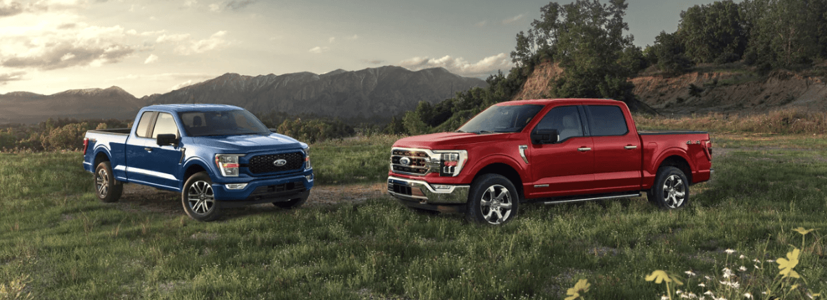 Blue and red 2023 Ford F-150 full-size pickup truck model parked in a field of grass near a mountain range