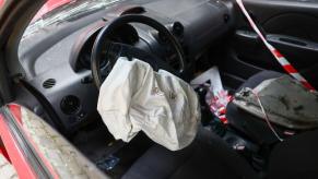 A deployed car airbag from an accident seen in Krakow, Poland