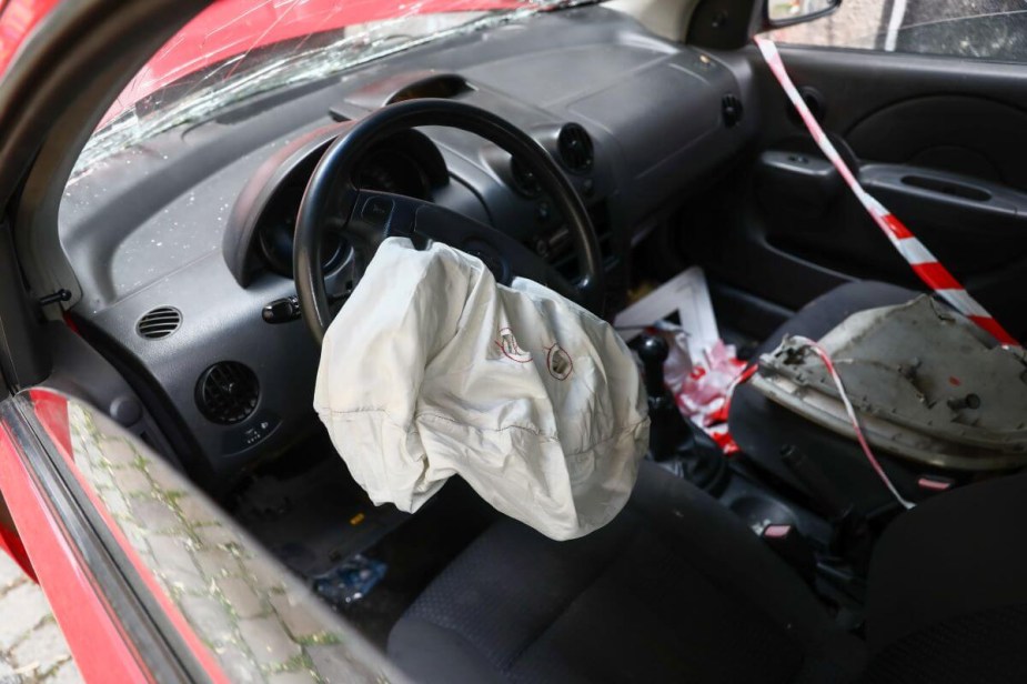 A deployed car airbag from an accident seen in Krakow, Poland