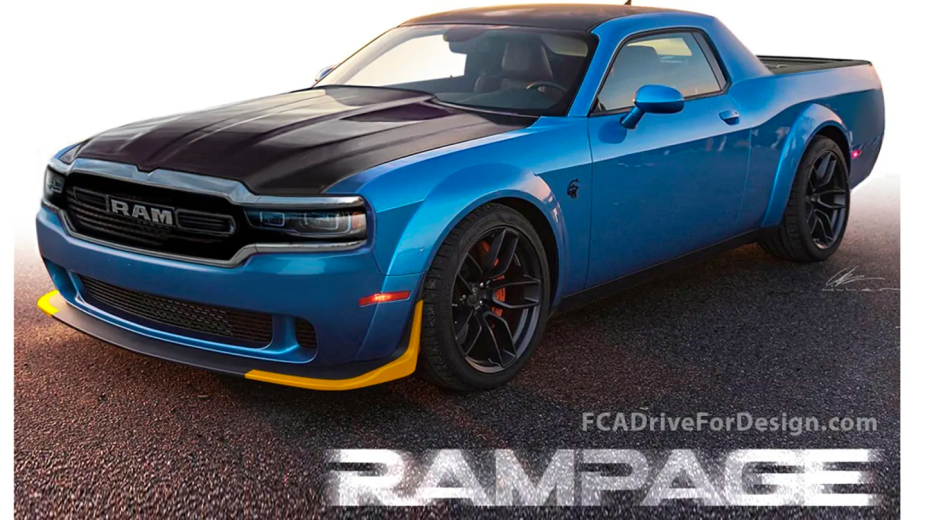 Concept art of a blue Ram Rampage muscle truck with a black hood.