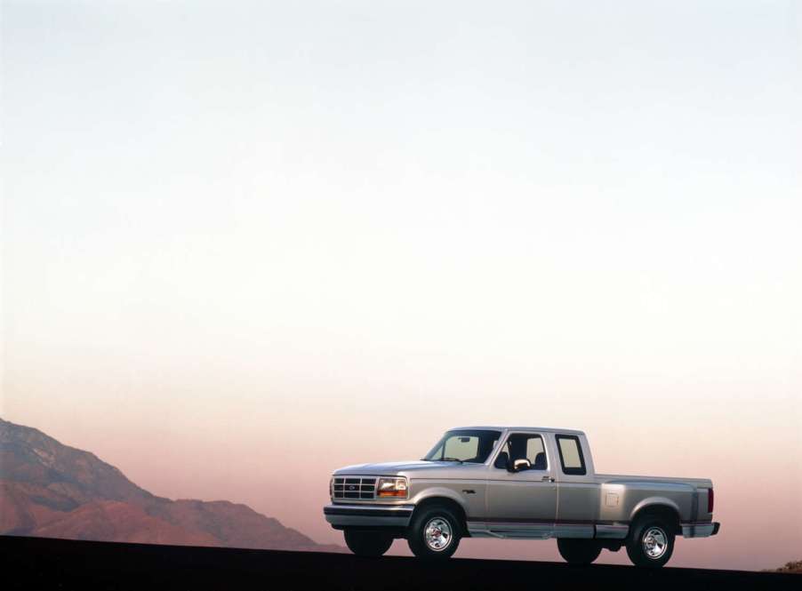 A 1992 Ford F-150 pickup truck at dusk