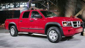 A red 2008 Dodge Dakota midsize pickup truck model at the 2007 Chicago Auto Show