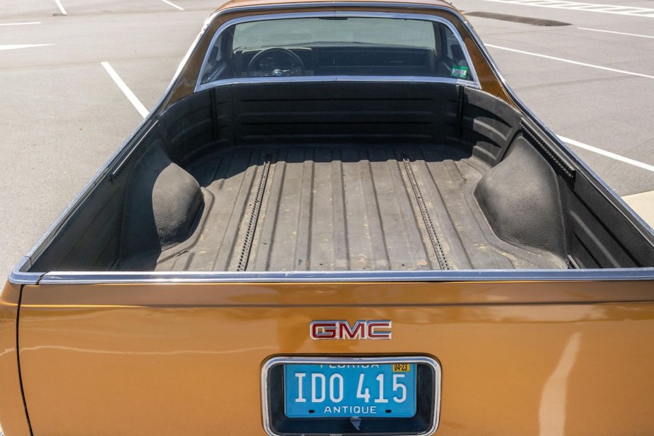 Closeup of the pickup bed liner in a GMC Caballero coupe utility, based on the Chevy El Camino muscle truck.