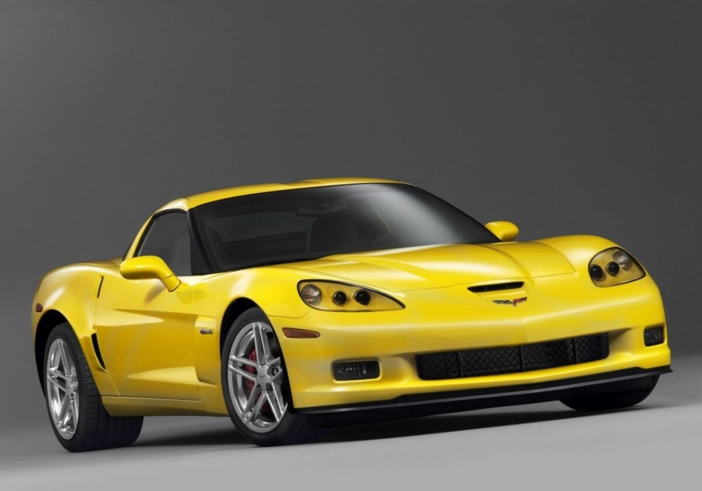A bright yellow used Chevy Corvette Z06 from the C6-gen car lineup shows off its front-end. 