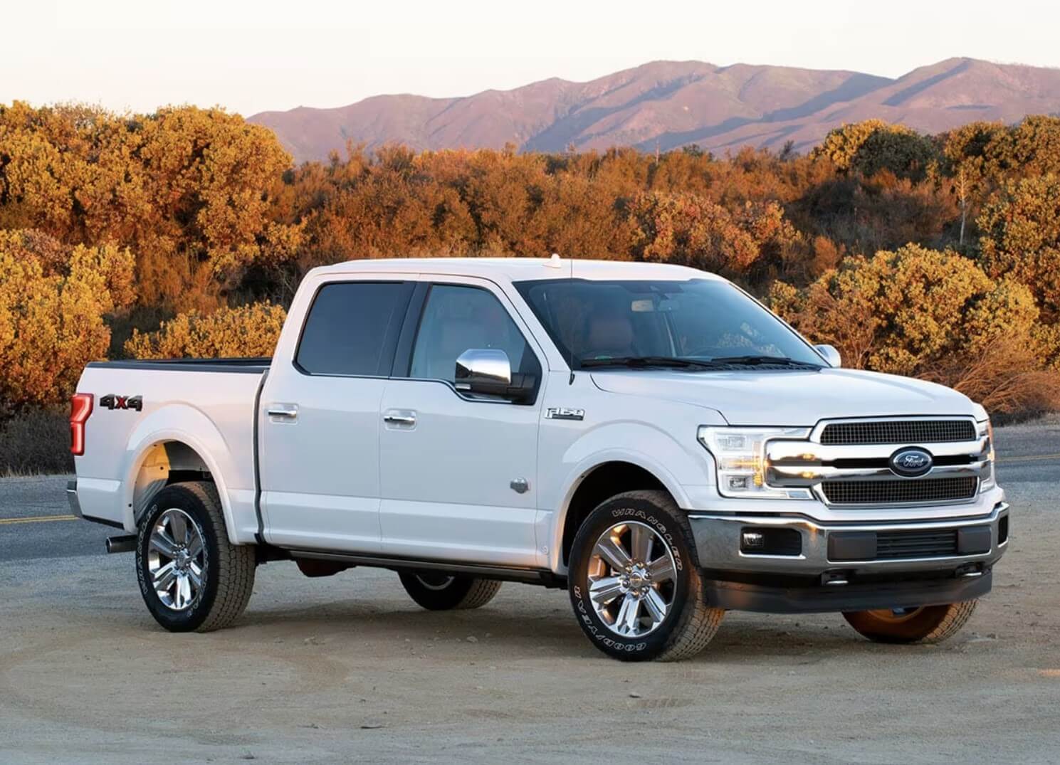 Used truck: A white 2018 Ford F-150 model parked near trees