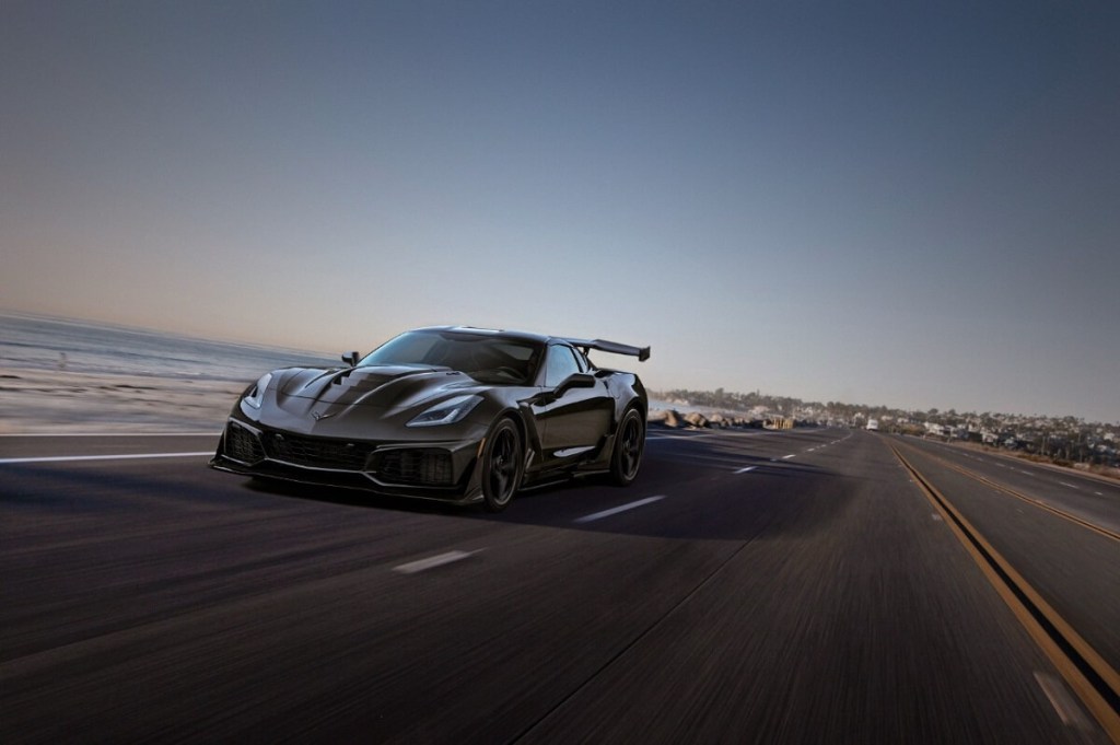 A 2019 Chevrolet Corvette ZR1, the most expensive vehicle in the model's history, blasts down a desert highway. 