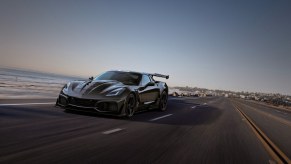 A 2019 Chevrolet Corvette ZR1, the most expensive vehicle in the model's history, blasts down a desert highway.