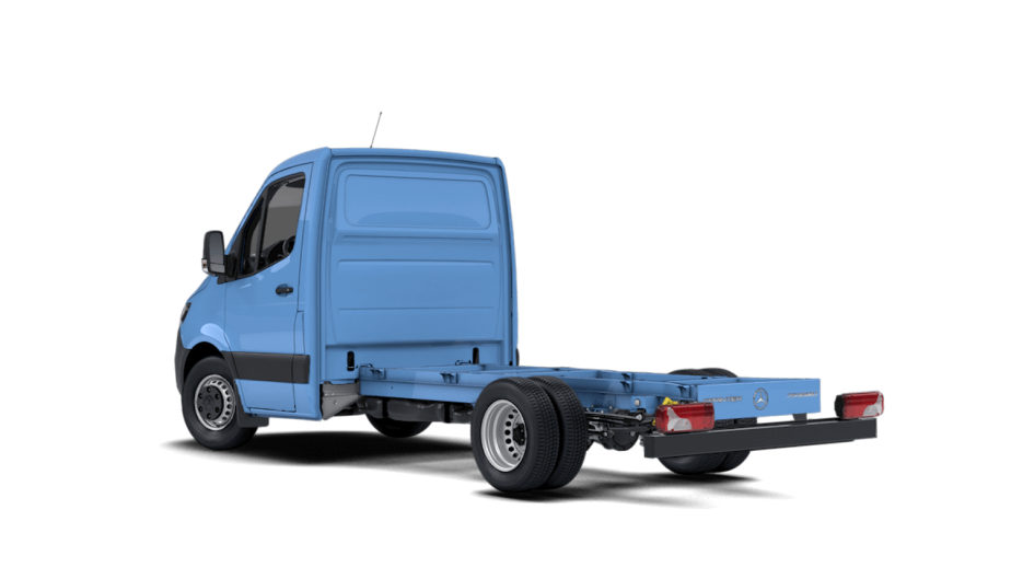 A blue Mercedes-Benz sprinter chassis cab without a bed.
