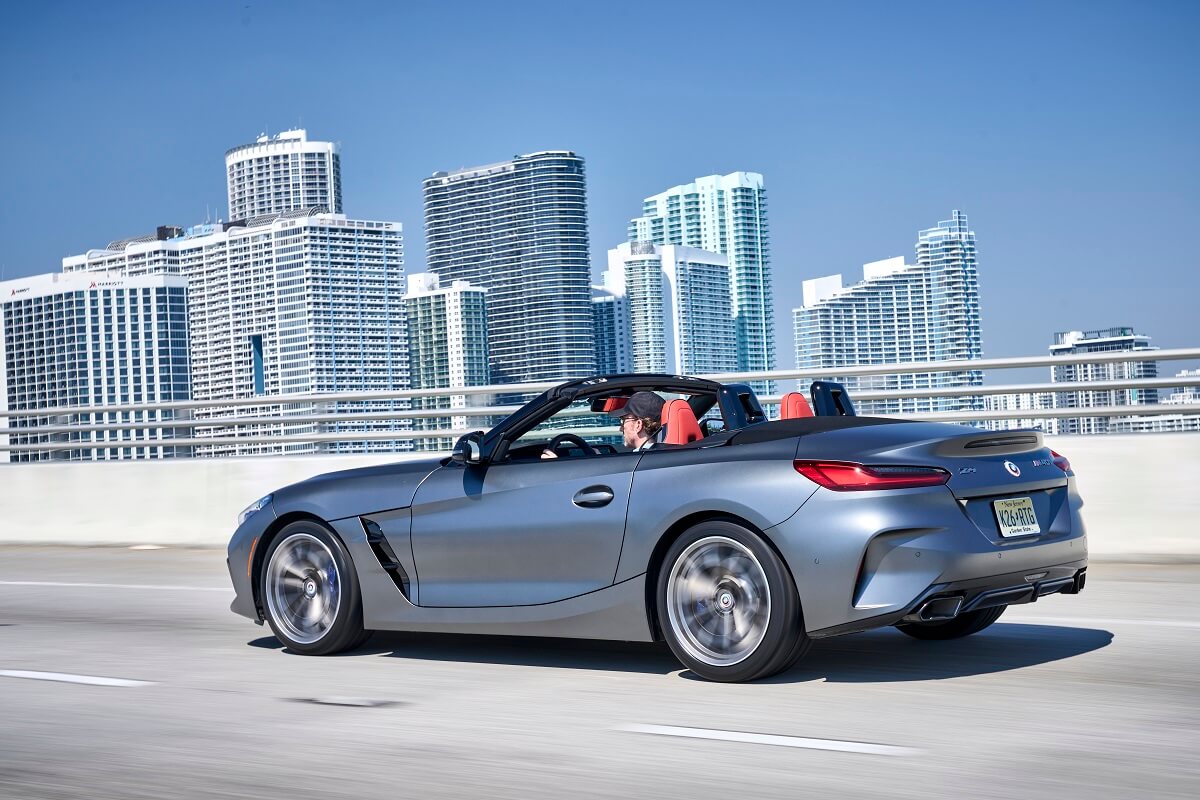 A silver-blue 2023 BMW Z4 shows off its convertible roadster platform.