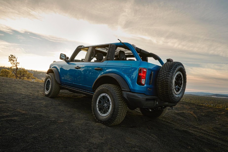 2023 Ford Bronco in blue has great ground clearance 