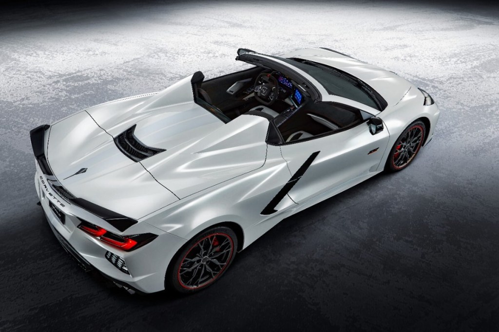 A 2023 Chevrolet Corvette Stingray Convertible shows off its aggressive sports car styling. 