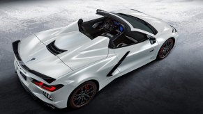 A 2023 Chevrolet Corvette Stingray Convertible shows off its aggressive sports car styling.