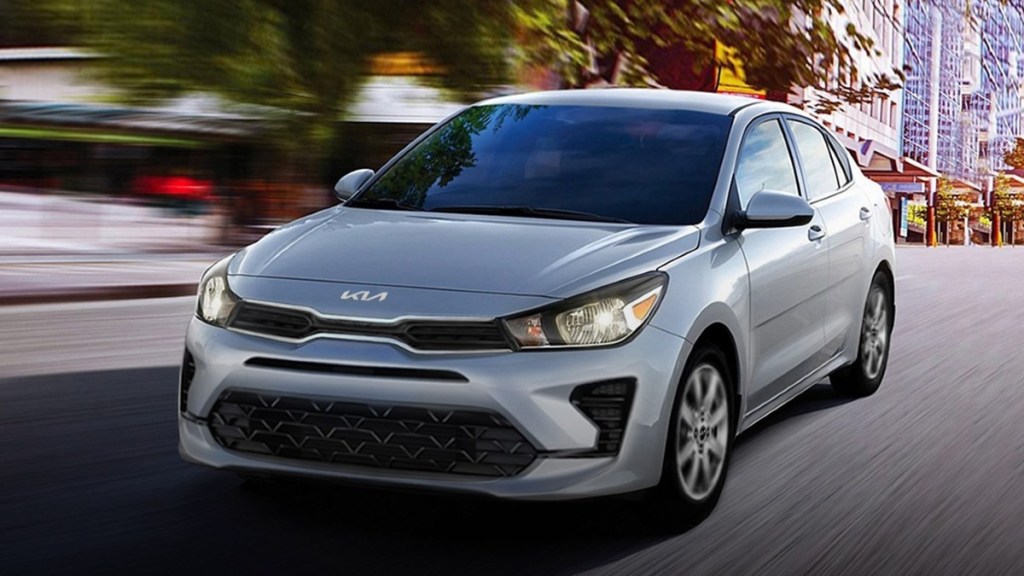 2023 Kia Rio, cheapest new Kia car in 2023 and also the most reliable, driving on a street