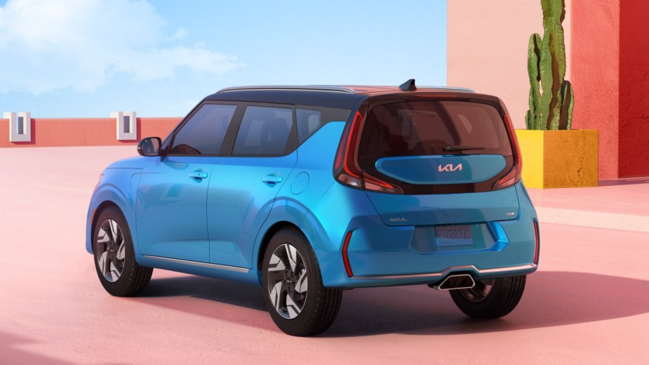 2023 Kia Soul in blue from the rear affordable SUV