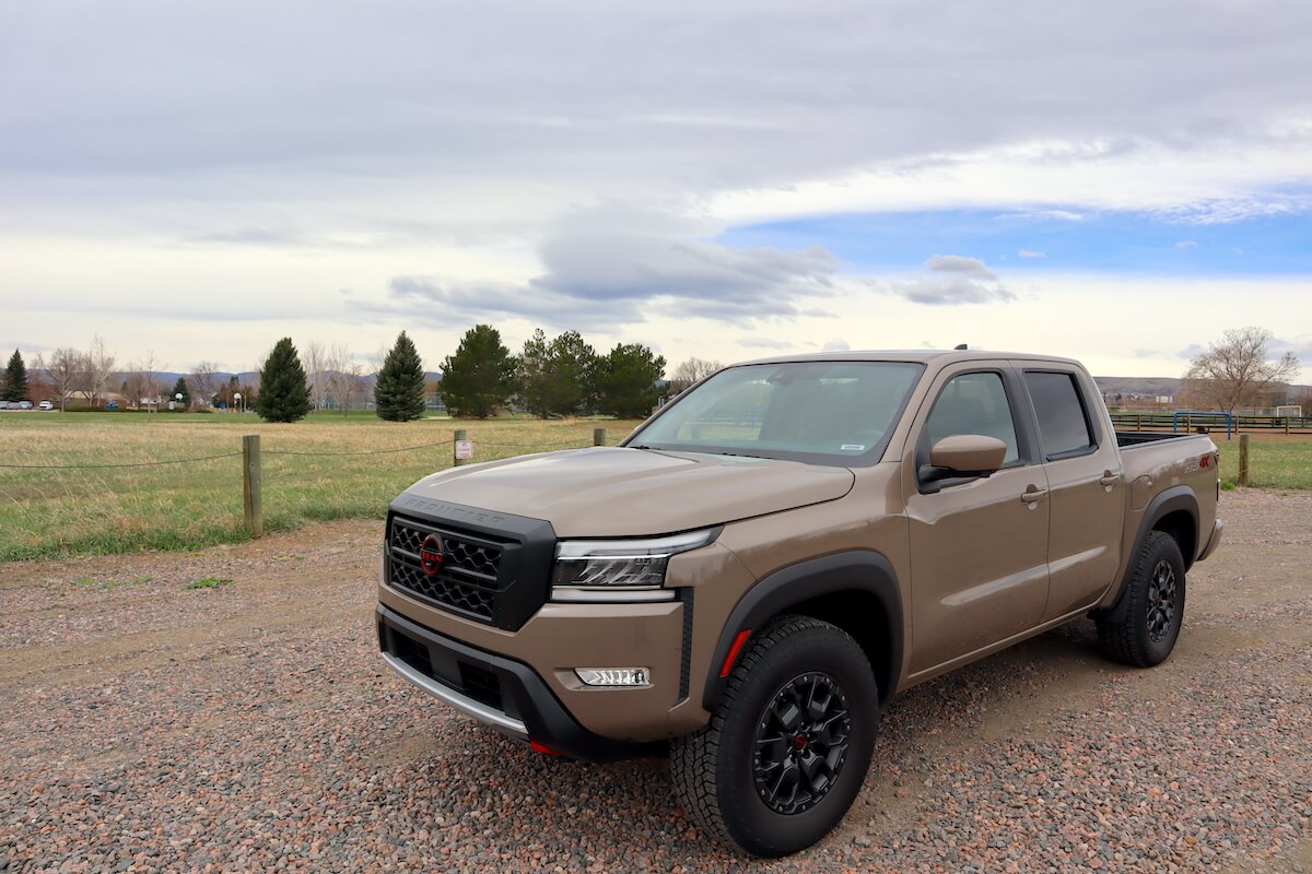 A front corner view of the 2023 Nissan Frontier