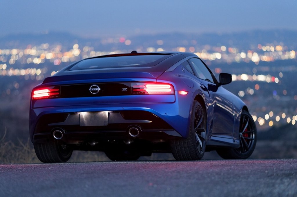A blue Nissan Z Sport shows off its rear-end styling. 