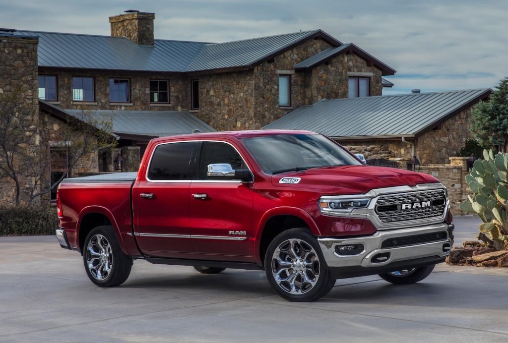  A red 2023 Ram 1500 pickup truck is the most comfortable pickup truck on the road. 