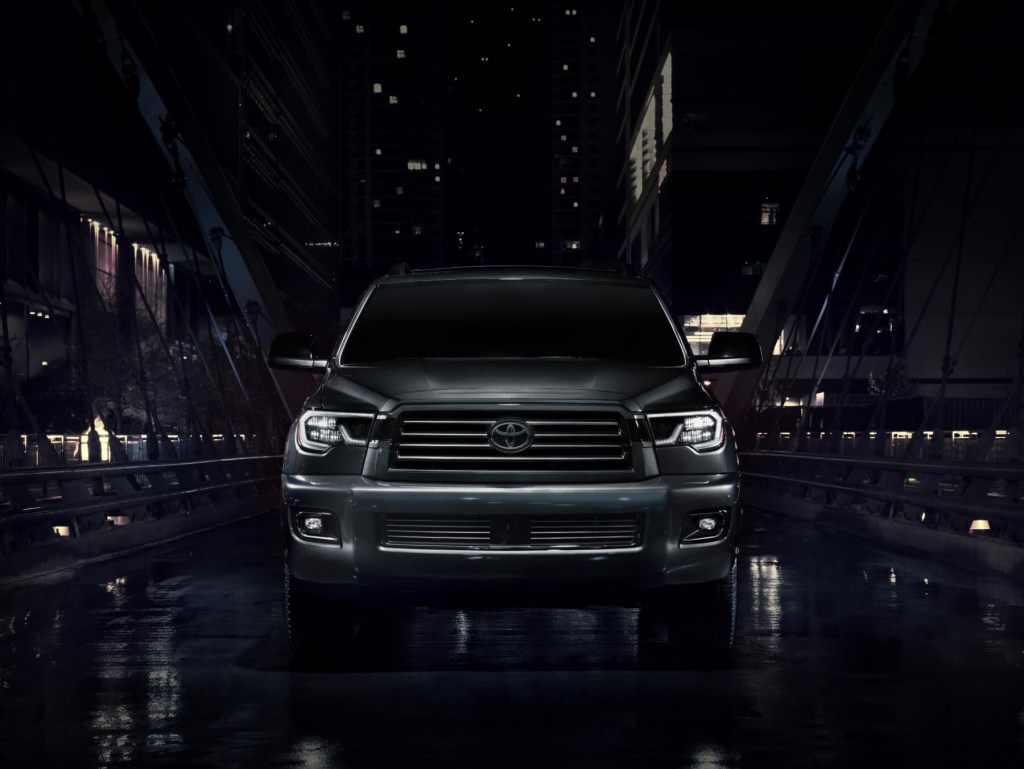 Front-on view of the 2022 Sequoia Nightshade on a dark city street. 