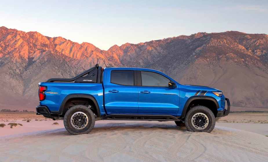 The side view of a blue 2023 Chevy Colorado ZR2 Desert Boss