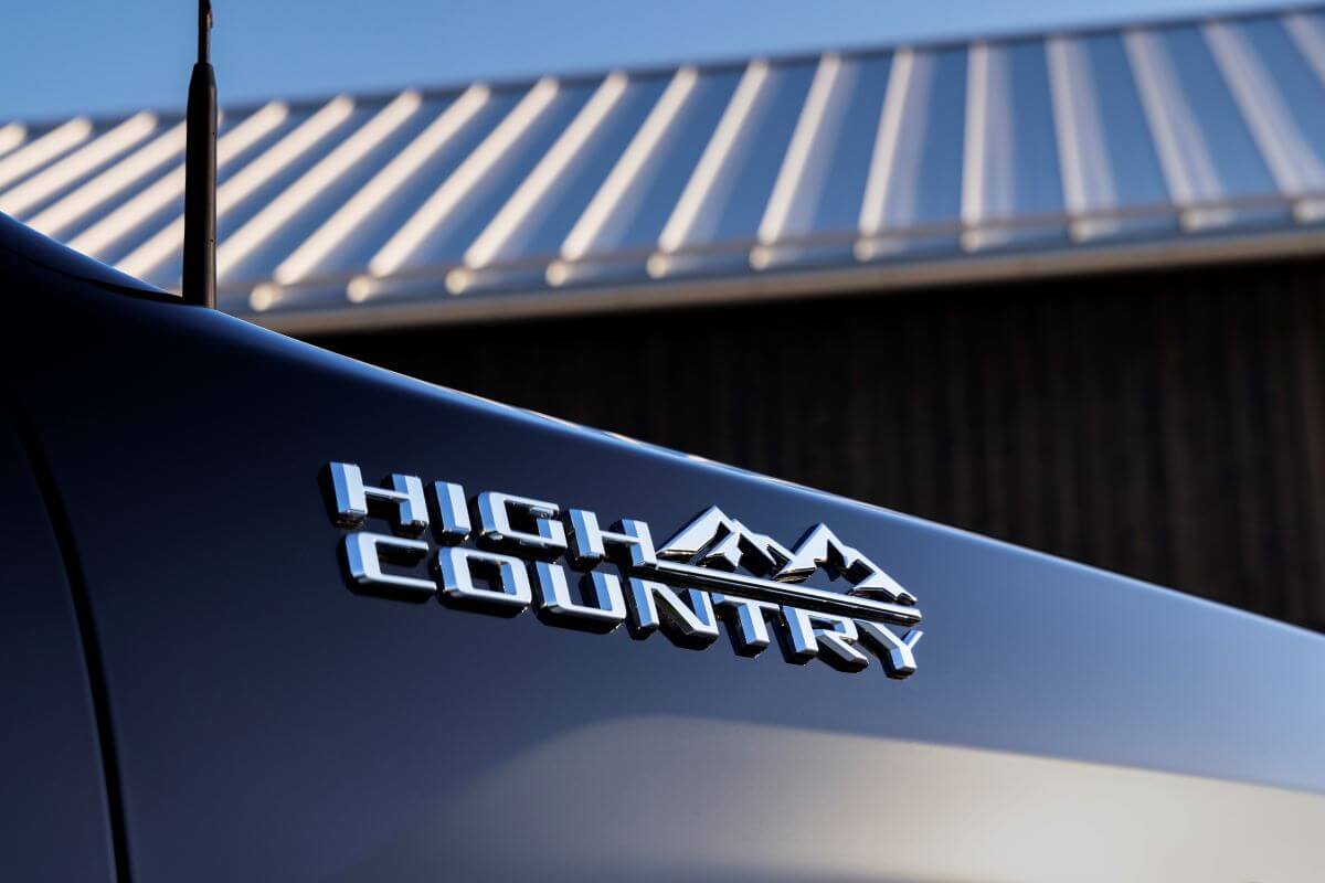 The High Country trim badging on the exterior of a Chevrolet Chevy Silverado 2500 HD heavy-duty pickup truck model