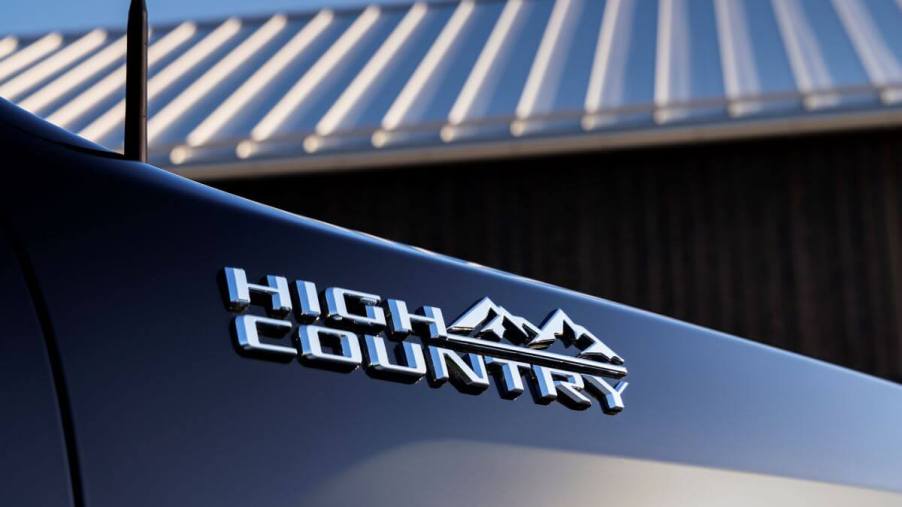 The High Country trim badging on the exterior of a Chevrolet Chevy Silverado 2500 HD heavy-duty pickup truck model