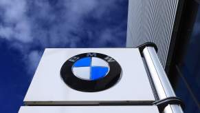 BMW logo on a sign, where the best BMW cars are sold.
