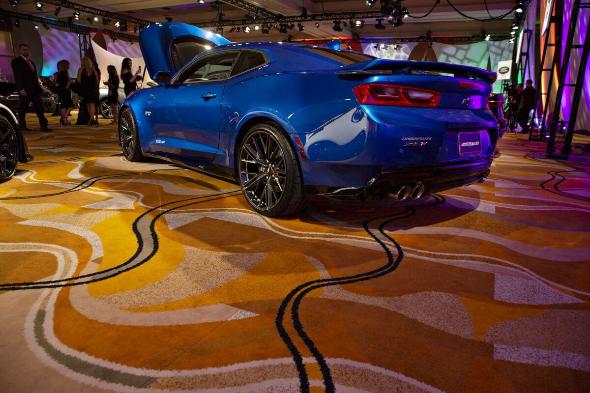 A blue Chevy Camaro model with a Lingenfelter Supercharger upgrade at the 2019 NAIAS event in Detroit, Michigan