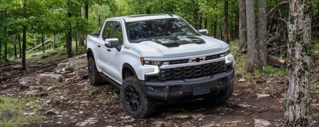 A 2024 Chevy Silverado 1500 full-size truck is parked in the woods.