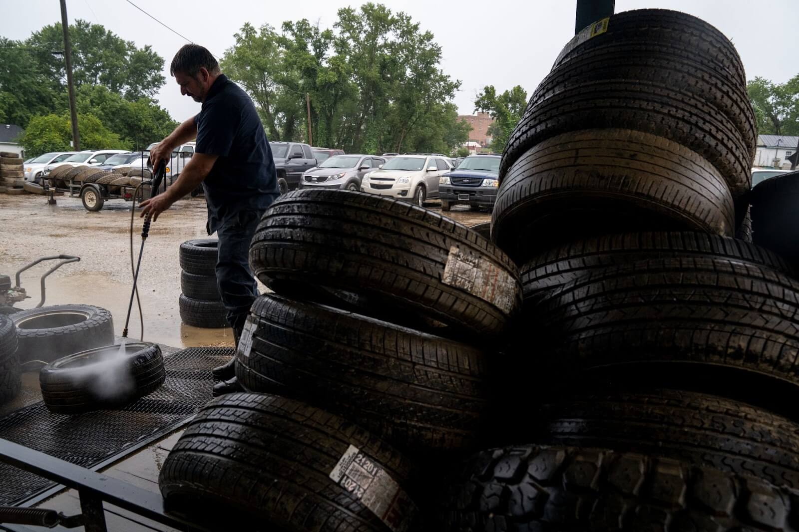 Discarded tires at a car alignment shop