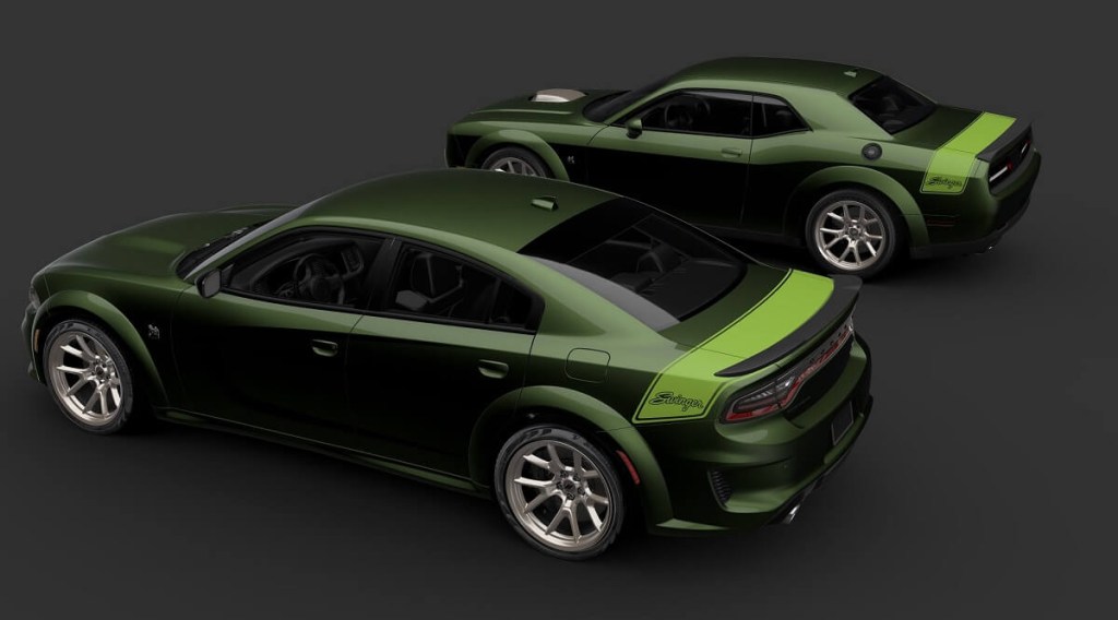 A pair of green Dodge Last Call muscle car models park side-by-side.