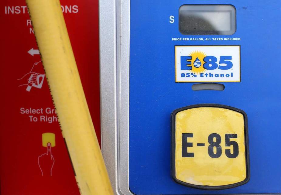 A red and blue pump with the selection for ethanol (E-85) as a button.