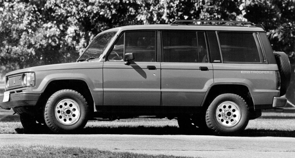 A black and white photo of a first-generation Isuzu trooper SUV.