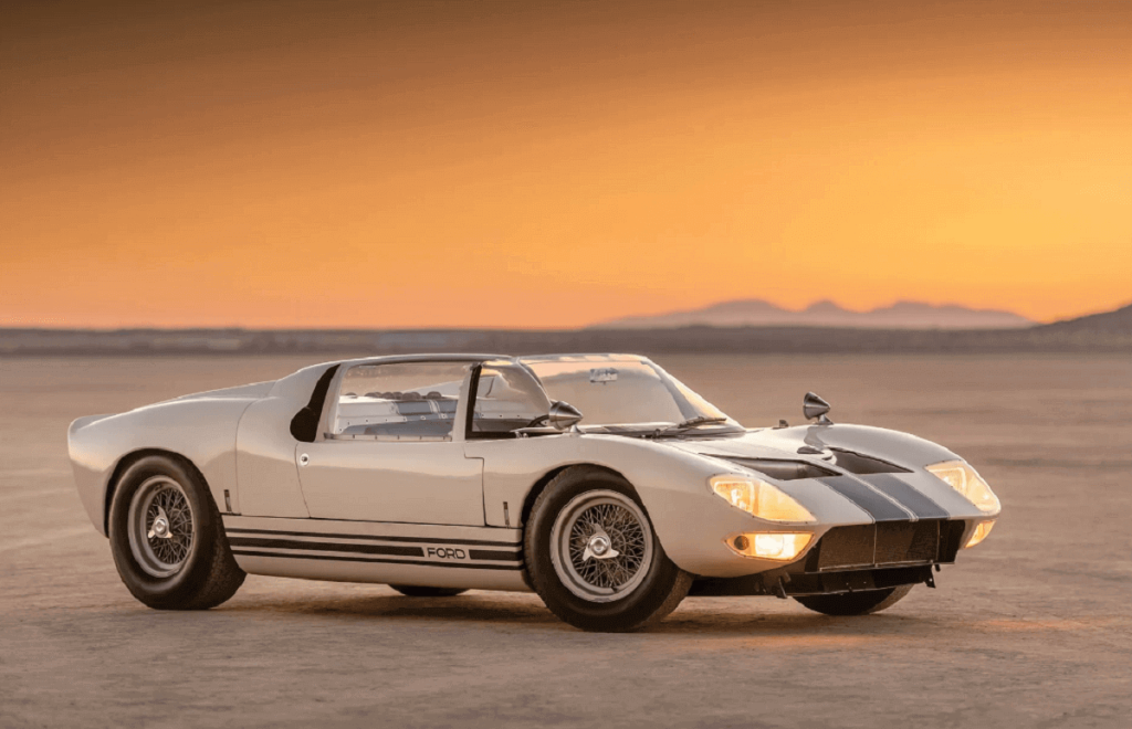 A Ford GT40 Roadster Prototype that was up for sale parks out in the desert. 