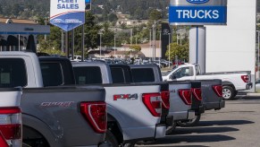 A Ford Motor Dealership with a parking lot full of Ford pickup trucks.