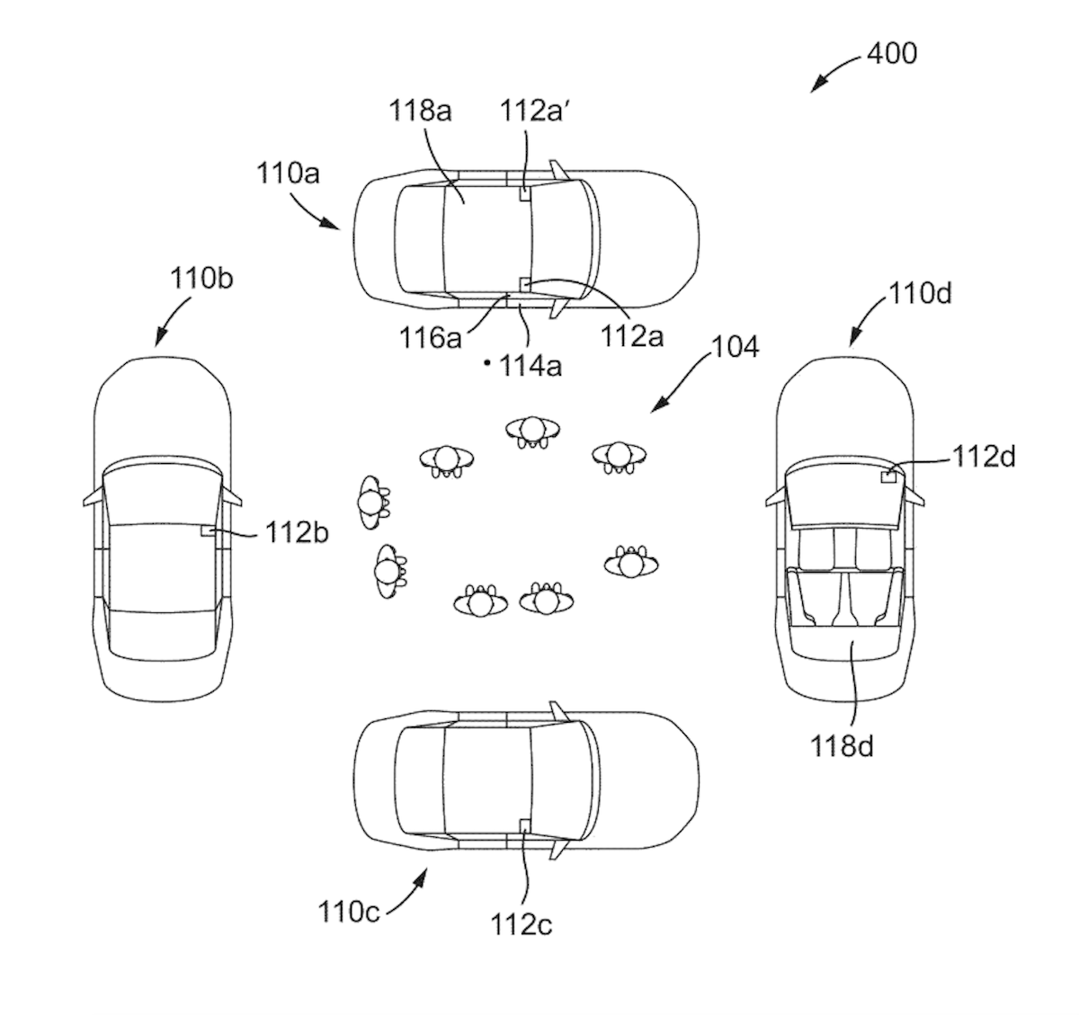 The patent diagram for Ford's new Multi-Vehicle Audio System shows four vehicles parked around a party.