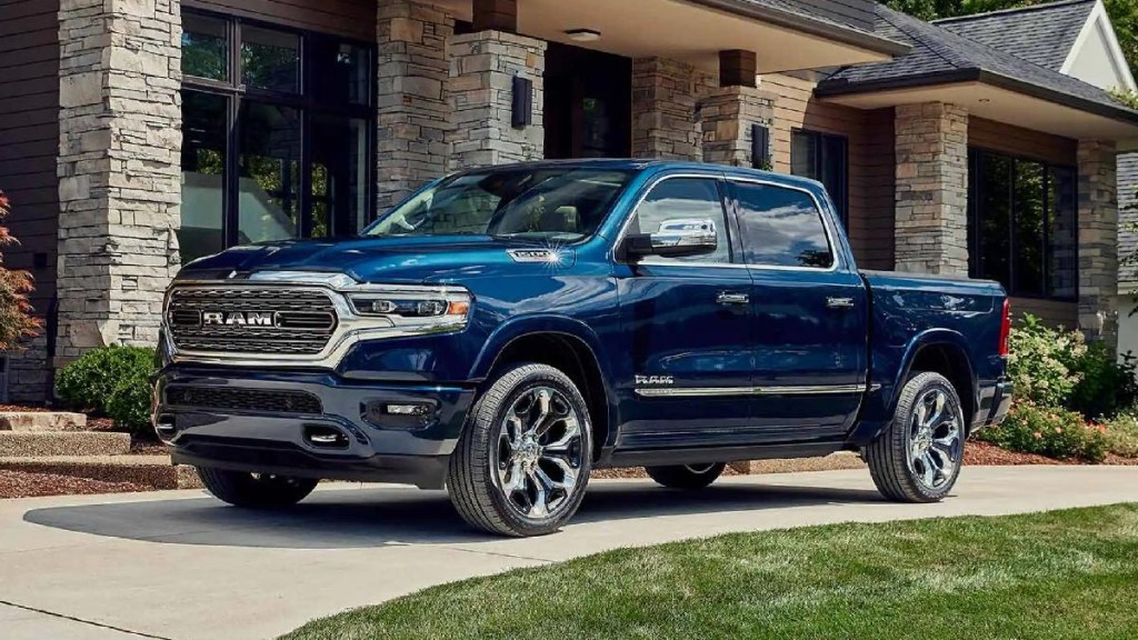 Front angle view of blue 2023 Ram 1500 full-size pickup truck