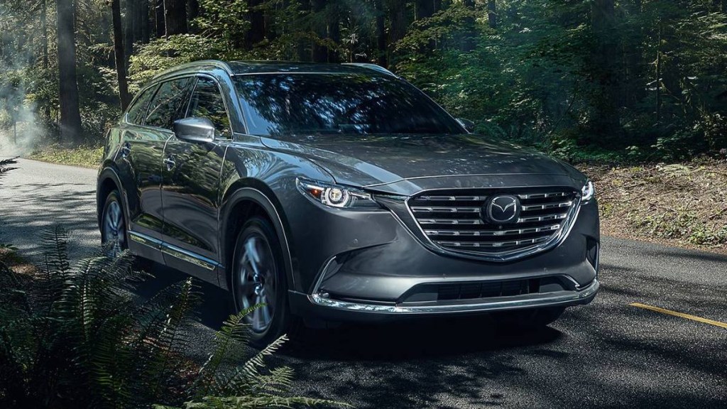 Front angle view of gray 2023 Mazda CX-9 midsize SUV
