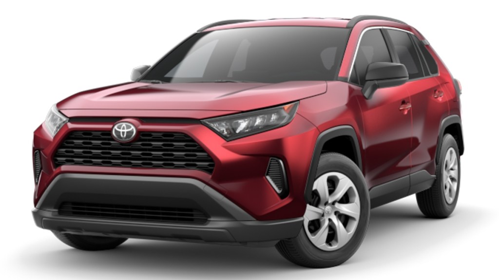 Front angle view of new 2023 Toyota RAV4 LE, the cheapest trim for the compact SUV 