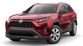 Front angle view of new 2023 Toyota RAV4 LE, the cheapest trim for the compact SUV.