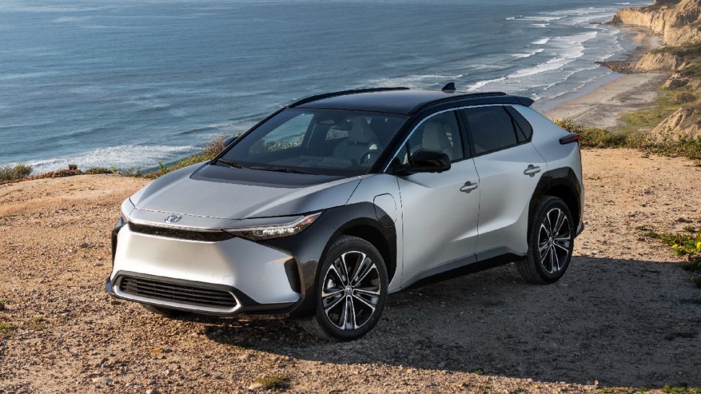 Front angle view of new 2023 Toyota bZ4X electric SUV, one of the most eco-friendly cars