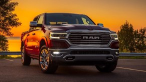 Front angle view of red 2023 Ram 1500 full-size pickup truck