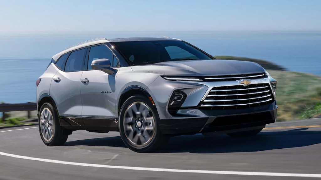 Front angle view of silver 2023 Chevy Blazer crossover SUV