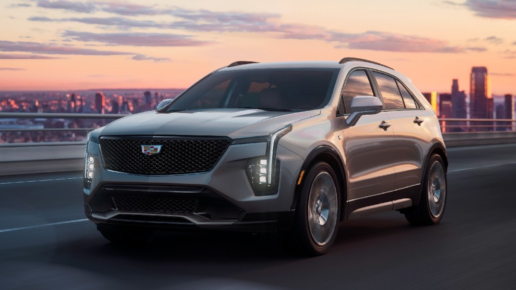 Front angle view of subcompact 2023 Cadillac XT4, cheapest new Cadillac SUV and great luxury SUV value choice 