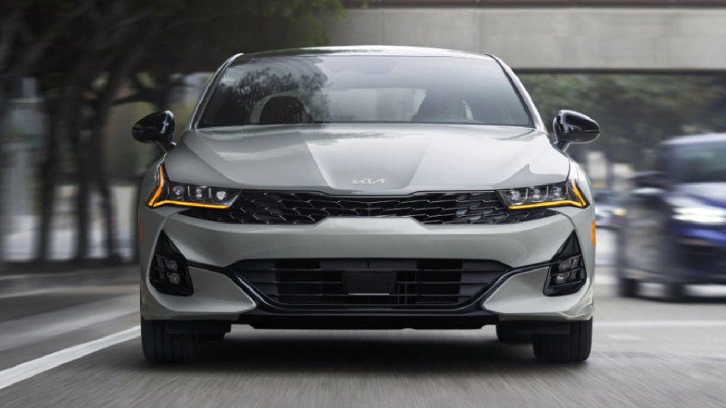 Front view of 2023 Kia K5, U.S. News best midsize car for the money in 2023, not Toyota Camry