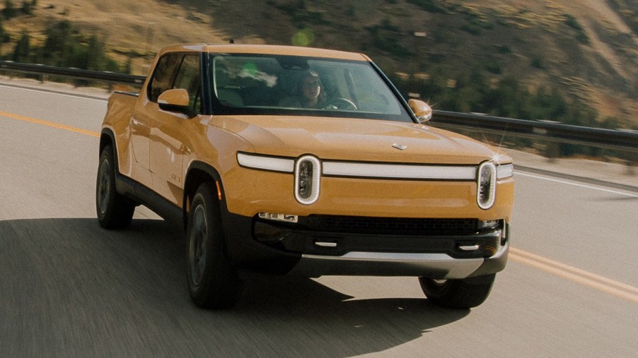Front view of all-electric 2023 Rivian R1T, only American pickup truck to win 2023 IIHS Top Safety Pick+ award