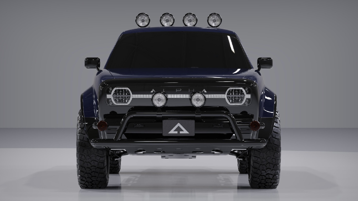 Front view of blue 2024 Alpha Wolf, cheapest electric truck that competes with Ford F-150 Lightning and Ram 1500 REV
