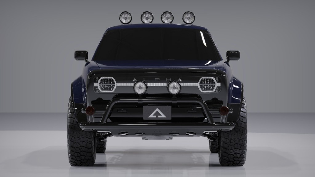 Front view of blue 2024 Alpha Wolf, cheapest electric truck that competes with Ford F-150 Lightning and Ram 1500 REV